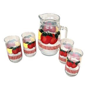 Vintage KIG Malaysia Clear Glass 48oz Handled Pitcher 4 juice glasses, Red Apple